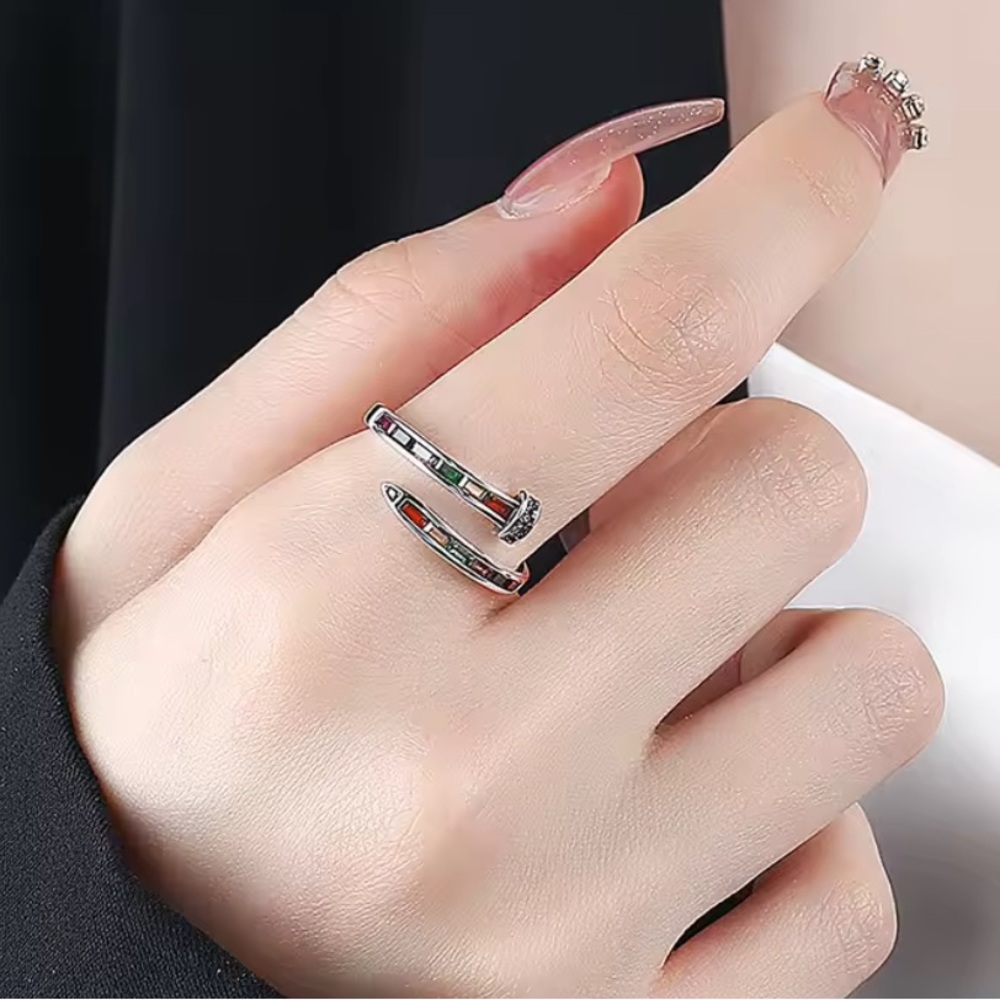 Silver .925 Nail multi color CZ adjustable Ring
